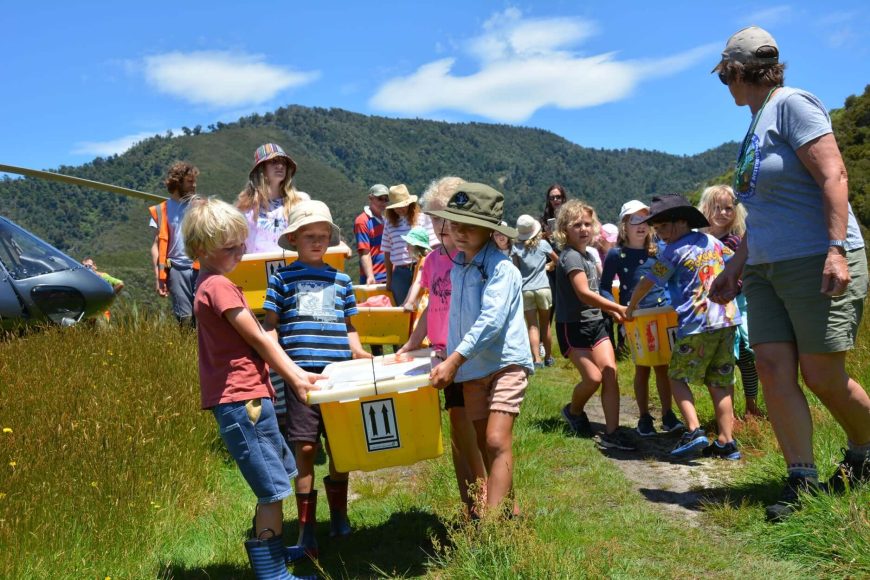 Children carrying relocated native birds in containers to be released into a new habitat.