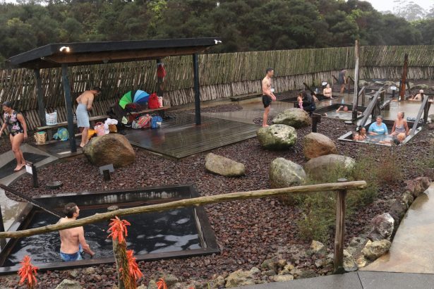 Visitors enjoying a warm soak in the renovated thermal pools at Ngawha Springs, Northland, New Zealand.
