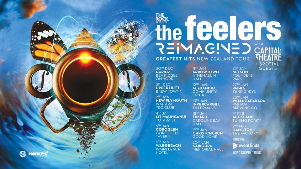 Promotional poster with tour dates for The Feelers Reimagined Tour. Bay of Islands concert 27 January 2024.